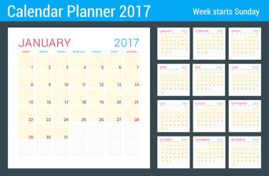 2017 Yılının Takvim Planlayıcısı. Vektör Düz Tasarım Şablonu. 12 aydır. Hafta Pazar başlıyor. Kırtasiye Tasarımı