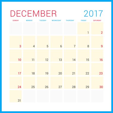 2017 Yılının Takvim Planlayıcısı. Vektör Düz Tasarım Şablonu. Aralık. Hafta Pazar başlıyor. Kırtasiye Tasarımı