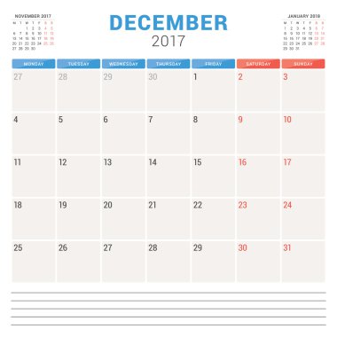 2017 Yılının Takvim Planlayıcısı. Vektör Tasarım Şablonu. Aralık. Hafta Pazartesi başlıyor. Kırtasiye Tasarımı