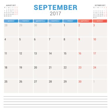 2017 Yılının Takvim Planlayıcısı. Vektör Tasarım Şablonu. Eylül. Hafta Pazartesi başlıyor. Kırtasiye Tasarımı