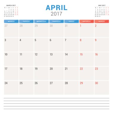 2017 Yılı Takvim Planlayıcısı. Vektör Tasarım Şablonu. Nisan. Hafta Pazartesi başlar. Kırtasiye Tasarımı