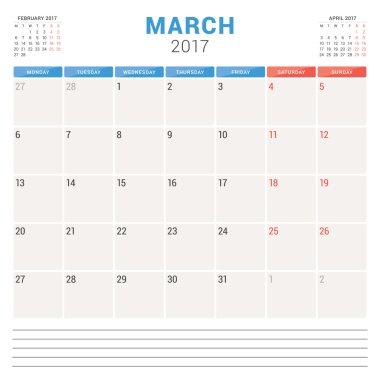 2017 Yılının Takvim Planlayıcısı. Vektör Tasarım Şablonu. Marş. Hafta Pazartesi başlıyor. Kırtasiye Tasarımı