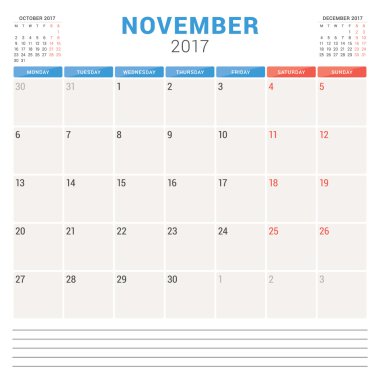 2017 Yılının Takvim Planlayıcısı. Vektör Tasarım Şablonu. Kasım. Hafta Pazartesi başlıyor. Kırtasiye Tasarımı