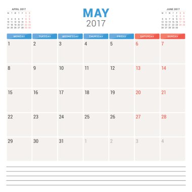 2017 Yılının Takvim Planlayıcısı. Vektör Tasarım Şablonu. Mayıs. Hafta Pazartesi başlıyor. Kırtasiye Tasarımı