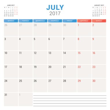 2017 Yılının Takvim Planlayıcısı. Vektör Tasarım Şablonu. Temmuz. Hafta Pazartesi başlıyor. Kırtasiye Tasarımı
