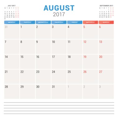 2017 Yılının Takvim Planlayıcısı. Vektör Tasarım Şablonu. Ağustos. Hafta Pazartesi başlıyor. Kırtasiye Tasarımı