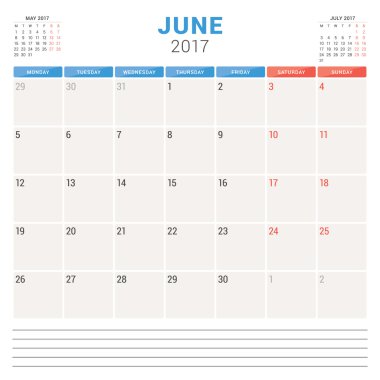 2017 yıl için takvim planlayıcısı. Vektör tasarım şablonu. Haziran. Hafta başlıyor Pazartesi. İleti örneği tasarım