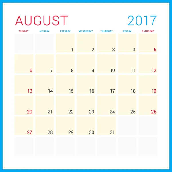 Calendário planejador para 2017 Ano. Modelo de projeto plano vetorial. Agosto. A semana começa no domingo. Design de artigos de papelaria —  Vetores de Stock