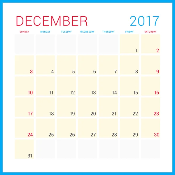 Pianificatore calendario per l'anno 2017. Modello di design piatto vettoriale. Dicembre. La settimana inizia domenica. Progettazione articoli di cancelleria — Vettoriale Stock