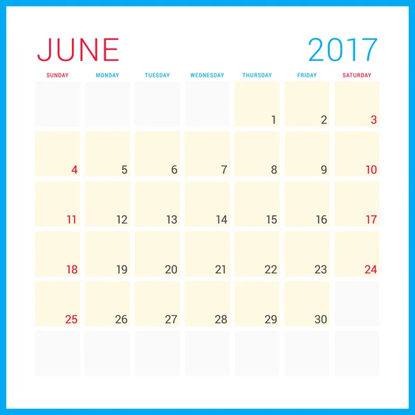 Planificador de Calendario 2017 Año. Plantilla de diseño plano vectorial. Junio. La semana empieza el domingo. Diseño de papelería — Archivo Imágenes Vectoriales