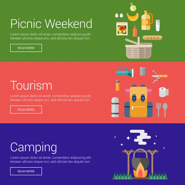 野餐周末。旅游。露营。网页横幅和宣传材料的平面设计矢量插图概念 — 图库矢量图片
