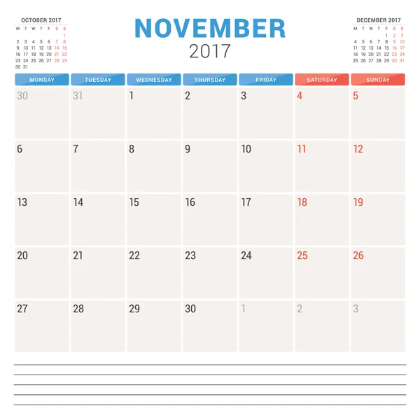 Планировщик календаря на 2017 год. Шаблон векторного дизайна. Ноябрь. Начинается в понедельник. Канцелярский дизайн — стоковый вектор