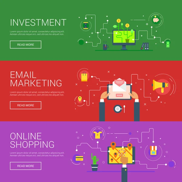 Investimenti. Email Marketing. Shopping online. Concetti di illustrazione vettoriale a design piatto per banner web e materiali promozionali — Vettoriale Stock