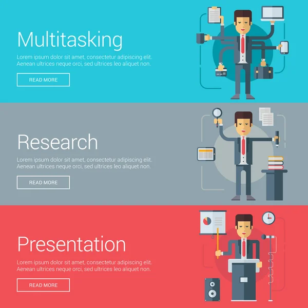 Multitasking. Έρευνα. Παρουσίαση. Επίπεδη σχεδίαση διανυσματικές έννοιες απεικόνιση για banner Web και προωθητικό υλικό — Διανυσματικό Αρχείο