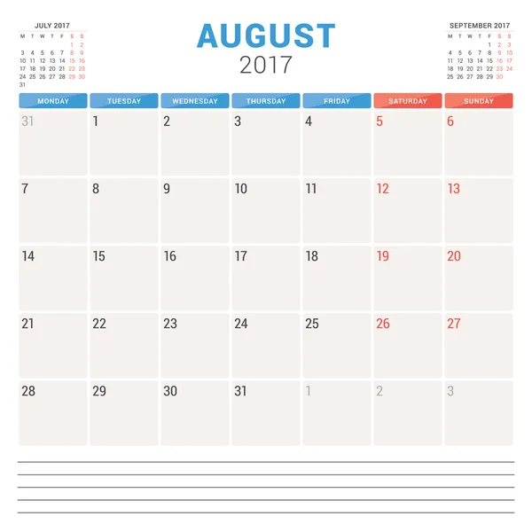 Calendário planejador para 2017 Ano. Modelo de Design de Vetor. Agosto. A semana começa segunda-feira. Design de artigos de papelaria —  Vetores de Stock