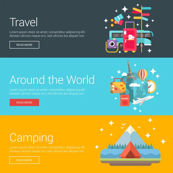 Viajar. Ao redor do mundo. Acampar. Conceitos de ilustração vetorial de design plano para web Banners e materiais promocionais — Vetor de Stock