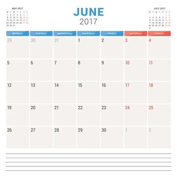Planificador de Calendario 2017 Año. Plantilla de diseño vectorial. Junio. La semana empieza el lunes. Diseño de papelería — Archivo Imágenes Vectoriales