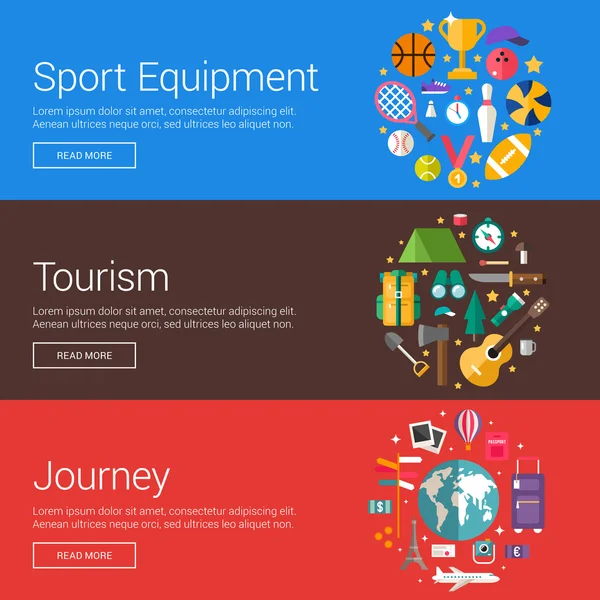 スポーツ用品。観光。旅。Web バナーおよびプロモーション資料のフラット デザイン ベクトル イラストコンセプト — ストックベクタ