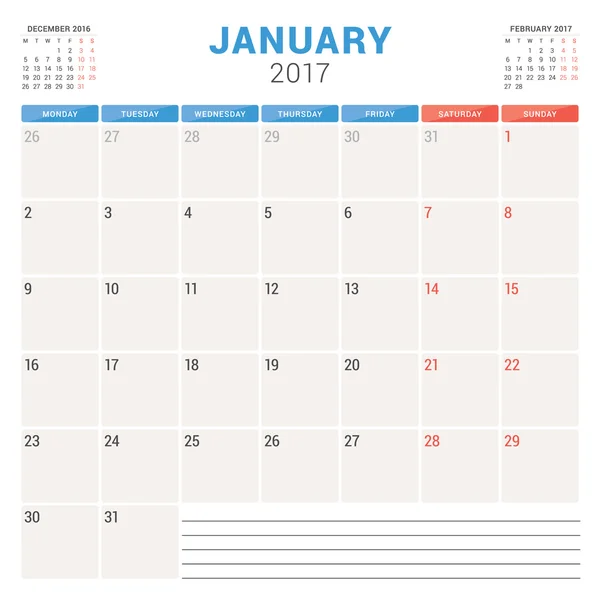 Kalenderplaner für 2017 Jahr. Vektor-Design-Vorlage. Januar. Die Woche beginnt am Montag. Schreibwarendesign — Stockvektor