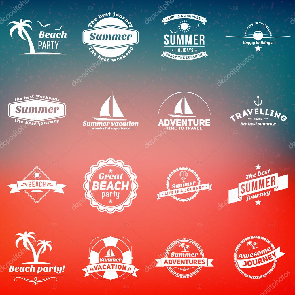 Set of Summer Holidays Design Elements. Hipster Vintage Logotypes and Badges on Blurred Background. Beach Vacation, Party, Journey