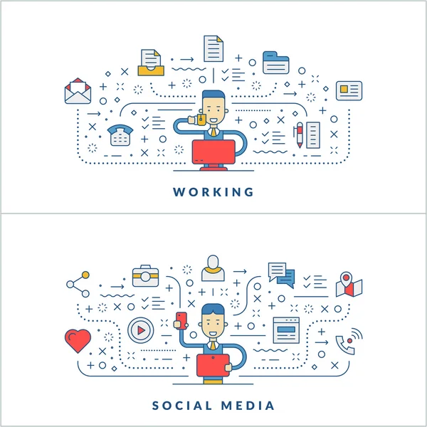 Working. Social media. Flat line icons and businessman cartoon character. Business concept. Vector thin line illustration for website banner template or header — Stock Vector