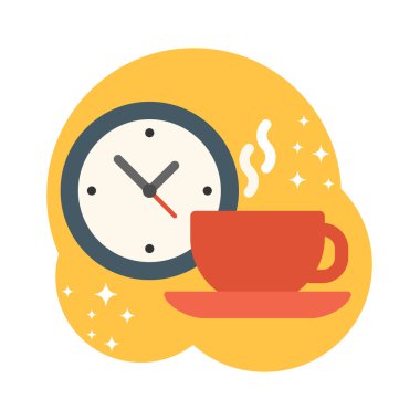 Kahve molası. Saatli kahve fincanı. Düz stil vektör çizimi