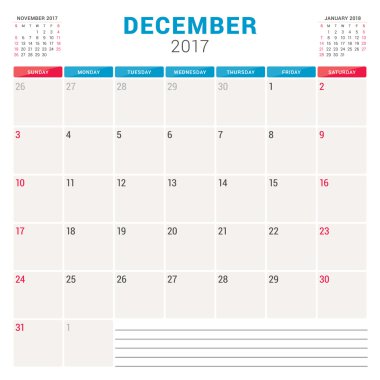 2017 Yılı Takvim Planlayıcısı. Notlar için Yer ile Vektör Tasarım Şablonu. Sayfada 3 Ay. Hafta Pazar başlar. Kırtasiye Tasarımı. Aralık 2017