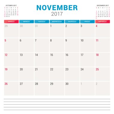 2017 Yılı Takvim Planlayıcısı. Notlar için Yer ile Vektör Tasarım Şablonu. Sayfada 3 Ay. Hafta Pazar başlar. Kırtasiye Tasarımı. Kasım 2017