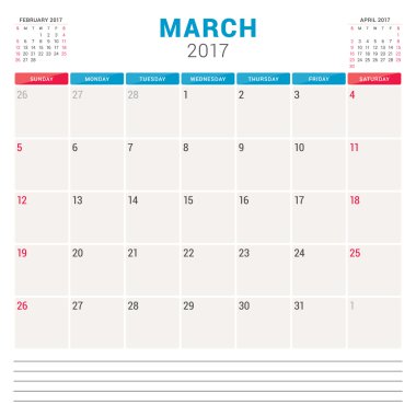 2017 Yılı Takvim Planlayıcısı. Notlar için Yer ile Vektör Tasarım Şablonu. Sayfada 3 Ay. Hafta Pazar başlar. Kırtasiye Tasarımı. Mart 2017