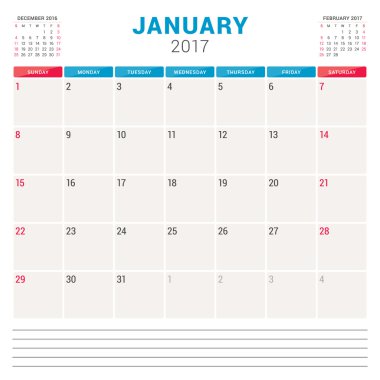 2017 Yılı Takvim Planlayıcısı. Notlar için Yer ile Vektör Tasarım Şablonu. Sayfada 3 Ay. Hafta Pazar başlar. Kırtasiye Tasarımı. Ocak 2017