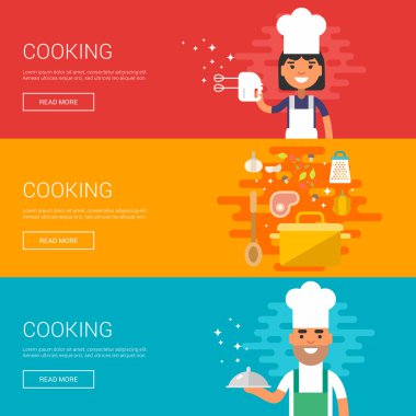 Yemek. Ev yemekleri. Restoran. Ricipe, ne zaman? Web Banners ve Promosyon Malzemeleri için Düz Tasarım Vektör İllüstrasyon Kavramlar