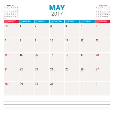 2017 Yılı Takvim Planlayıcısı. Notlar için Yer ile Vektör Tasarım Şablonu. Sayfada 3 Ay. Hafta Pazar başlar. Kırtasiye Tasarımı. Mayıs 2017
