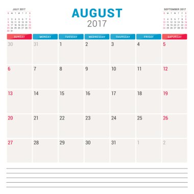 2017 Yılı Takvim Planlayıcısı. Notlar için Yer ile Vektör Tasarım Şablonu. Sayfada 3 Ay. Hafta Pazar başlar. Kırtasiye Tasarımı. Ağustos 2017