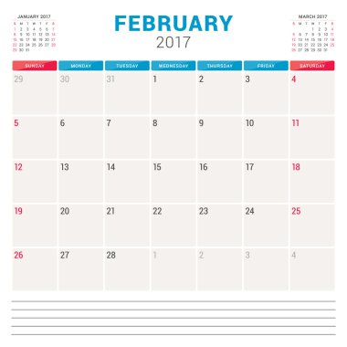 2017 Yılı Takvim Planlayıcısı. Notlar için Yer ile Vektör Tasarım Şablonu. Sayfada 3 Ay. Hafta Pazar başlar. Kırtasiye Tasarımı. Şubat 2017