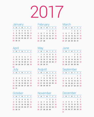 Beyaz arka plan üzerinde 2017 yıl için takvim. Hafta başlar Pazar. Basit vektör şablonu. İleti örneği tasarım şablonu
