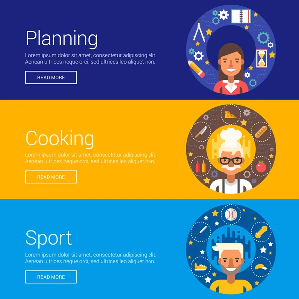 Planejamento. Cozinhar. Desporto. Conceitos de ilustração vetorial de design plano para web Banners e materiais promocionais —  Vetores de Stock
