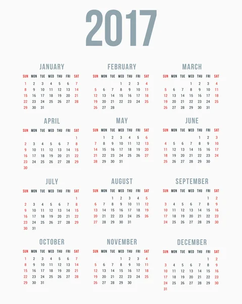 Kalendarz do 2017 roku na białym tle. Tydzień zaczyna się niedziela. Wektor prosty szablon. Papeterie szablon projektu — Wektor stockowy