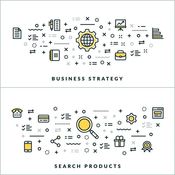 Vector Thin Line Business Strategy and Search Products Concepts. Ilustración vectorial para banner o encabezado del sitio web. Iconos de línea plana y elementos de diseño — Vector de stock