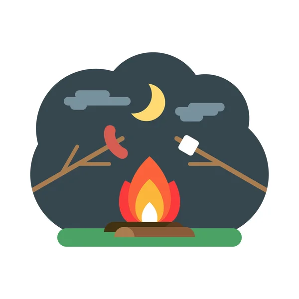 Feu de joie avec guimauve et saucisse. Concept de camping. Illustration vectorielle plate — Image vectorielle