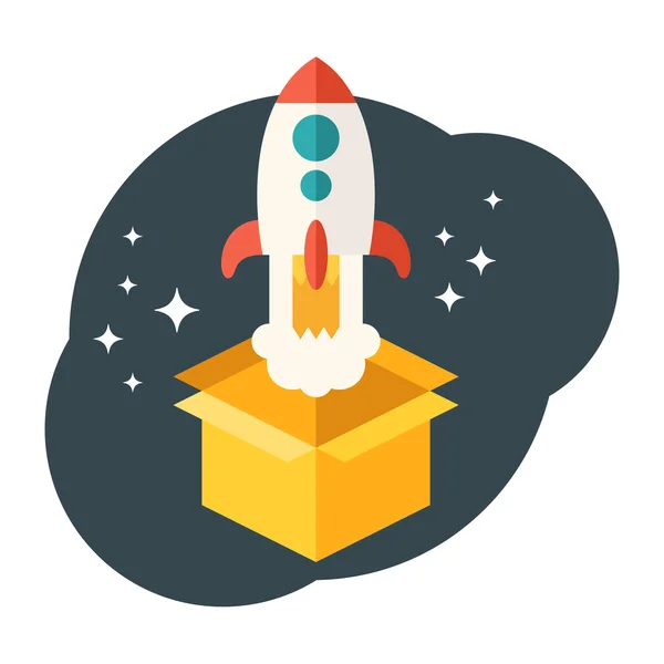 Concepto de inicio. Rocket lanzado desde la caja. Ilustración de vector de estilo plano — Vector de stock