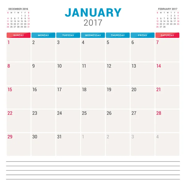 Kalenderplaner für 2017 Jahr. Vektor-Design-Vorlage mit Platz für Notizen. 3 Monate auf Seite. Die Woche beginnt am Sonntag. Schreibwarendesign. Januar 2017 — Stockvektor