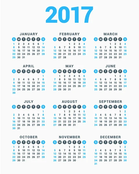 Calendário para 2017 Ano no fundo branco. A semana começa no domingo. Modelo de Vetor Simples. Modelo de Design de Papelaria — Vetor de Stock