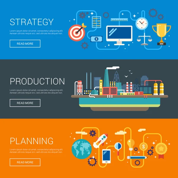 Стратегия. Производство. Планирование. Концепции векторной иллюстрации плоского дизайна для веб-баннеров и рекламных материалов — стоковый вектор