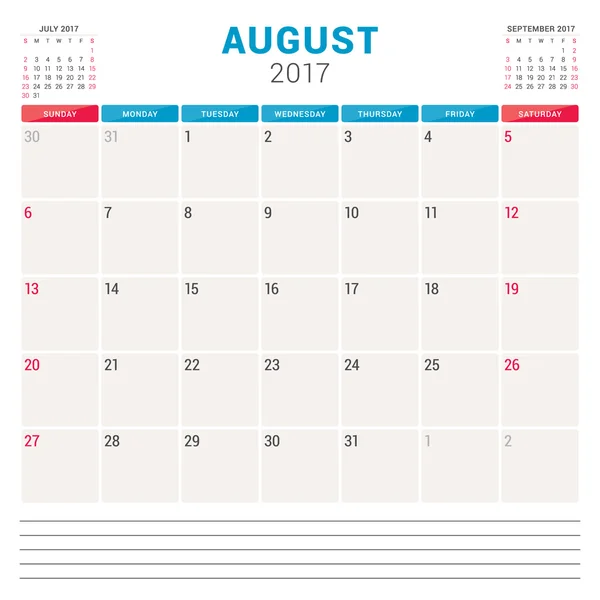 Planificador de Calendario 2017 Año. Plantilla de diseño vectorial con lugar para notas. 3 meses en la página. La semana empieza el domingo. Diseño de Papelería. Agosto 2017 — Archivo Imágenes Vectoriales