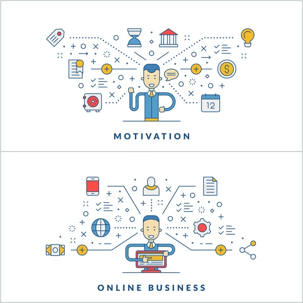 Motivation. Online business. Social media. Flat line icons and businessman cartoon character. Business concept. Vector thin line illustration for website banner template or header — Stock Vector