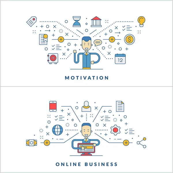 Motivatie. Online Business. Sociale media. Platte lijn iconen en zakenman cartoon karakter. Bedrijfsconcept. Vector dunne lijn illustratie voor website banner sjabloon of koptekst — Stockvector