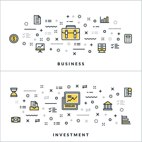 Векторная тонкая линия бизнеса и инвестиций. Векторная иллюстрация для баннера или заголовка сайта. Иконки плоской линии и элементы дизайна
