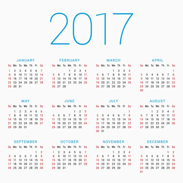 Calendar for 2017 Year on White Background. Week Starts Sunday. Simple Vector Template. Stationery Design Template — Stock Vector