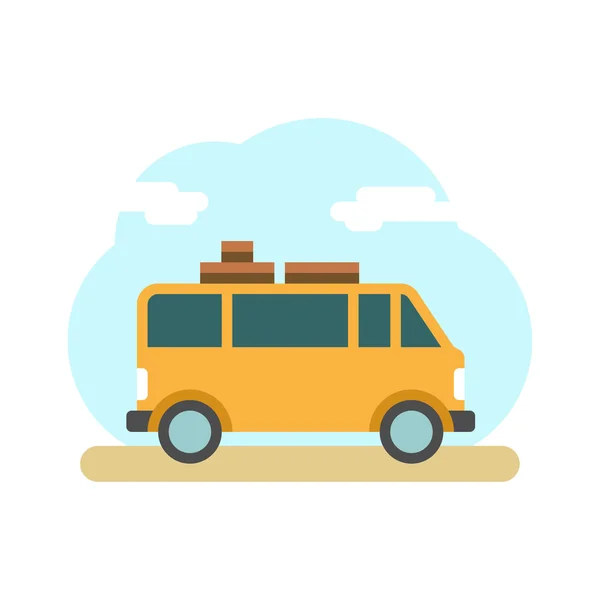 Yolda yolcu kamyonu. Açık hava yolculuğu kamp seyahat tatil. Seyahat minibüsü. Düz stil vektör çizimi — Stok Vektör
