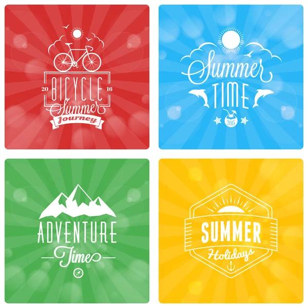 Reihe von Sommerferien Design-Elemente auf buntem Hintergrund. Strandurlaub, Party, Reise, Zelten — Stockvektor